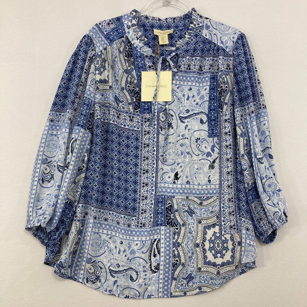 New Cynthia Rowley size 2X Blue White Patchwork Boho‎ Tie Front Preppy Blouse
